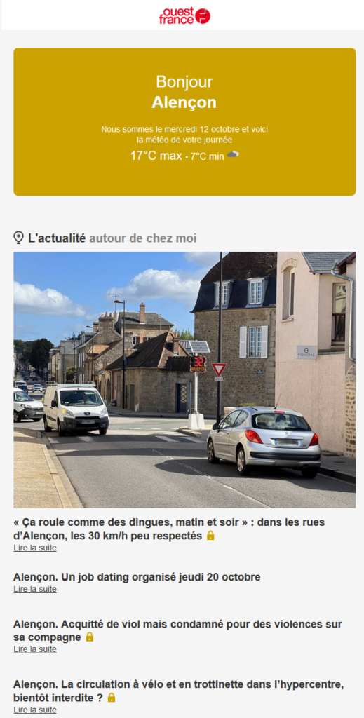 Capture d'écran de la Newsletter journal de Ouest-France en date du 12 Octobre 2022 montrant côté à côté les deux articles cités dans le texte.